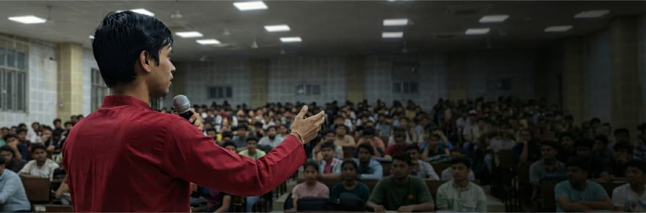 Speaking at a college briefing — 800+ students attended